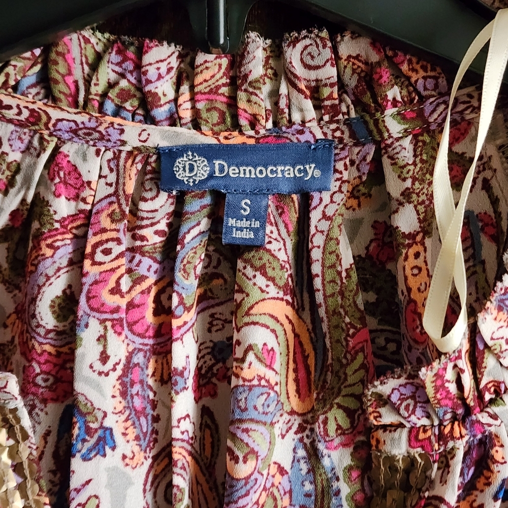 Democracy Woven Top Paisley Print 3/4 Blouson Sleeve Ruffle V-Neck Sage Burry S. - Picture 4 of 11